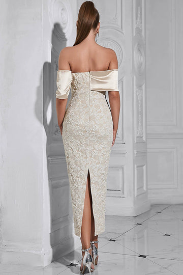 Apricot Off the Shoulder Floral Sheath Long Formal Dress